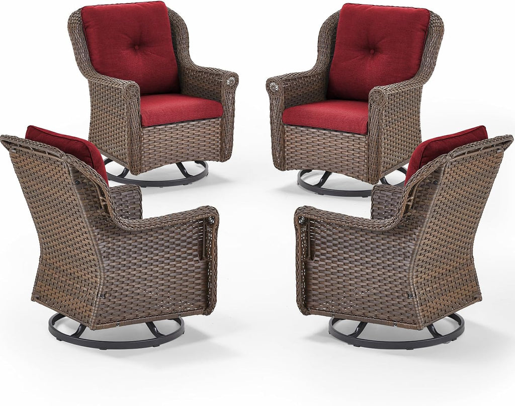 Patio Chairs Outdoor Swivel Glider - Set of 4 High Back Outside Brown Wicker Rattan Rocking Chair with Thick Cushion for Porch Apartment Deck Yard Poolside Garden - Red
