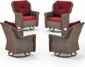 Patio Chairs Outdoor Swivel Glider - Set of 4 High Back Outside Brown Wicker Rattan Rocking Chair with Thick Cushion for Porch Apartment Deck Yard Poolside Garden - Red