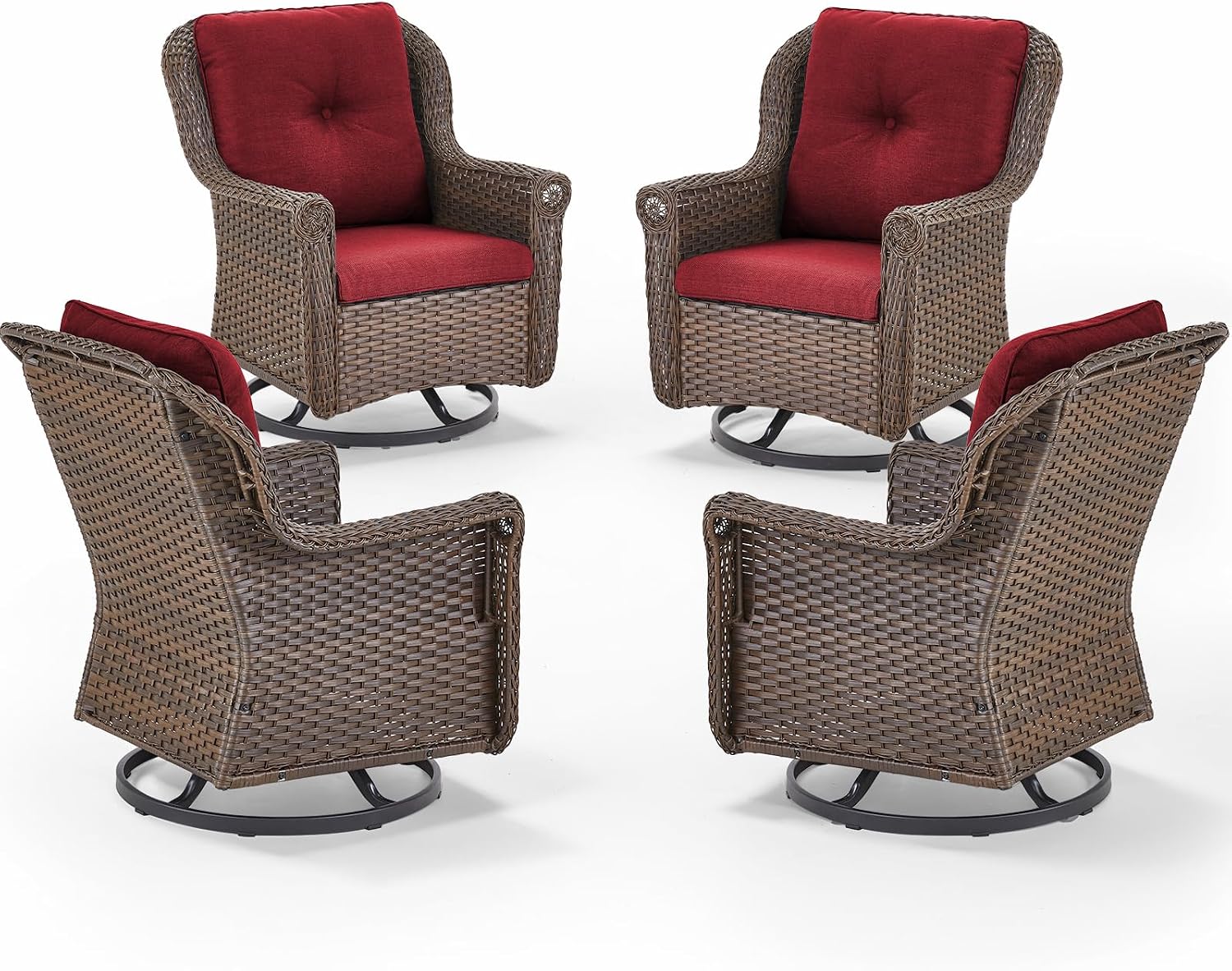 Patio Chairs Outdoor Swivel Glider - Set of 4 High Back Outside Brown Wicker Rattan Rocking Chair with Thick Cushion for Porch Apartment Deck Yard Poolside Garden - Red