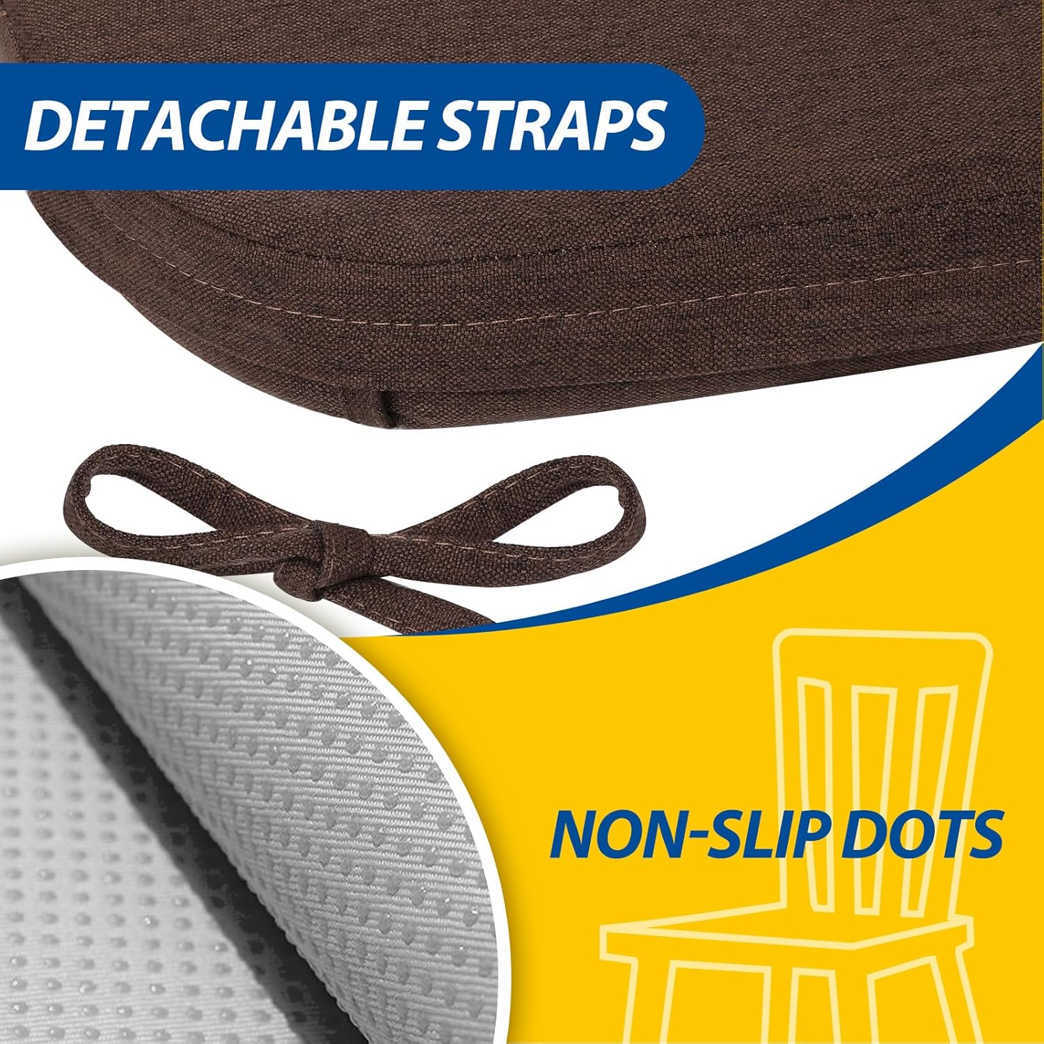 AAAAAcessories D-Shaped Chair Cushions, 2' Thick Dining Chair Pads with Ties and Removable, Machine-Washable Cover, 17' x 16', Set of 8, Brown
