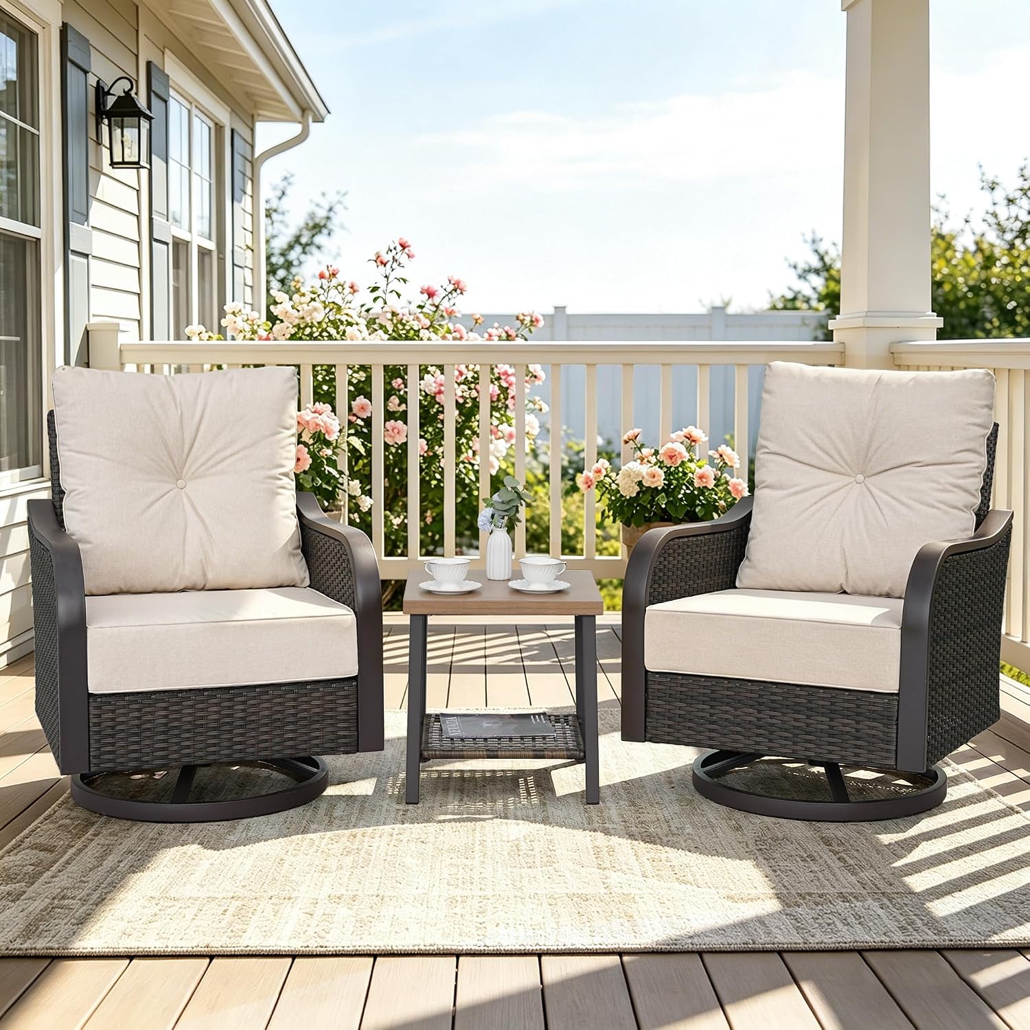 Outdoor Swivel Rocker Chairs, Wicker Swivel Rocking Chairs with 6'' Thick Cushions and Side Coffee Table, 3 Piece Patio Furniture Set for Balcony, Porch, Deck, Poolside, Beige
