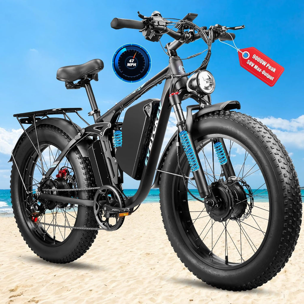9000W Peak Dual Motor Electric Bike,52V 34Ah 1972Wh Ebike for Adults,42-47MPH Fast Ebike,Up to 105Miles 24' x4.0 Fat Tire Full Suspension Mountain Hunting E Bicycle for Sand Beach Off-Road