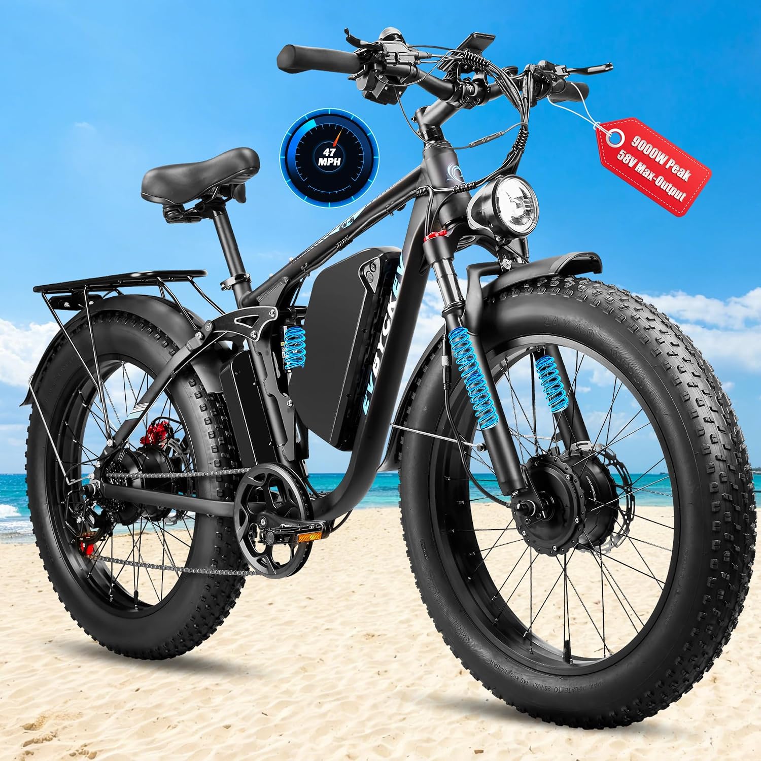 9000W Peak Dual Motor Electric Bike,52V 34Ah 1972Wh Ebike for Adults,42-47MPH Fast Ebike,Up to 105Miles 24' x4.0 Fat Tire Full Suspension Mountain Hunting E Bicycle for Sand Beach Off-Road