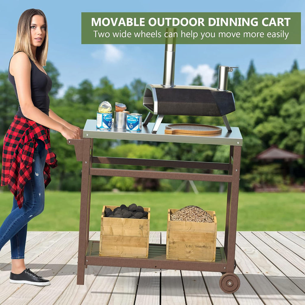 TORVA Outdoor Prep Grill Carts, 303 Stainless Steel Tabletop with High Load Capacity Portable BBQ Table, HDPE Durable Frame 2-Tier Storage Cart, Brown