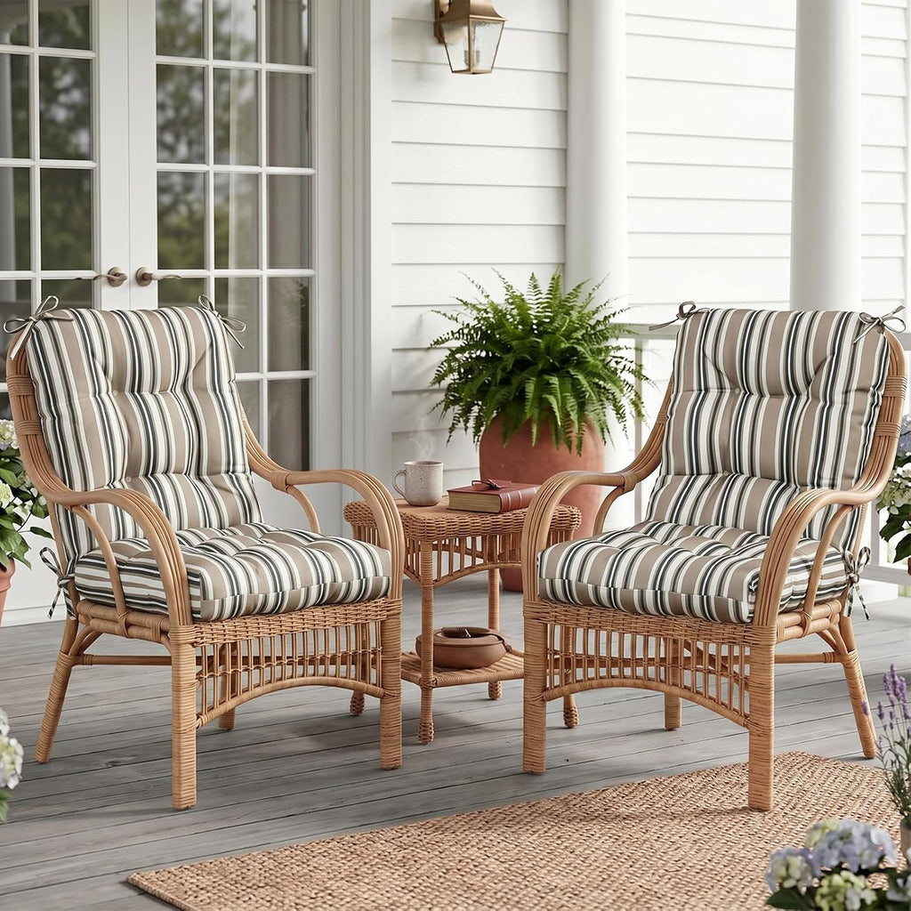 EAGLE PEAK Tufted Outdoor/Indoor Seat/Back Chair Cushions, Set of 4, 42'' x 21'', Beige Stripe