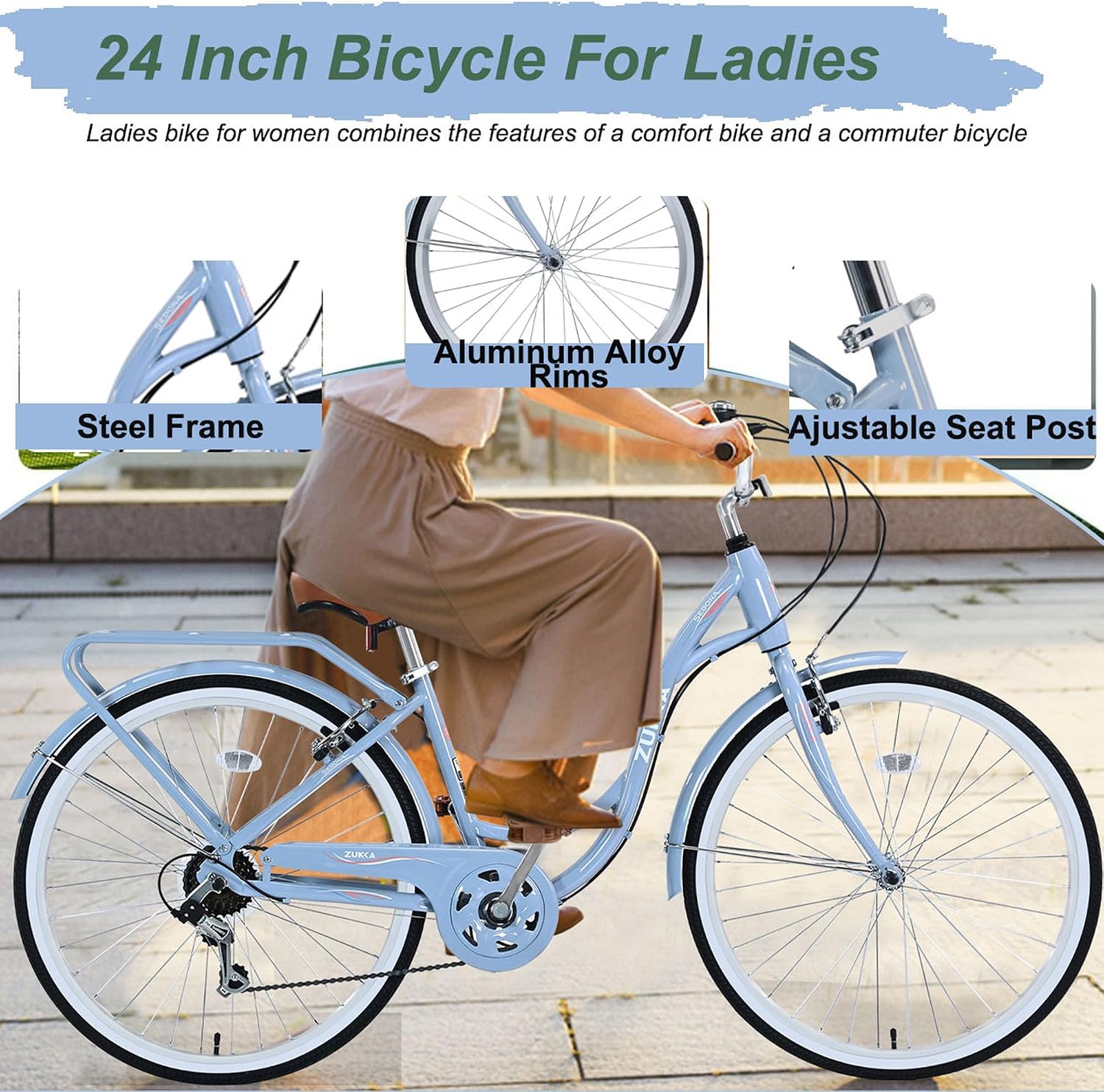 MEGHNA Beach Cruiser Bike Low Step - Through 24 inch/26 inch Bike Elegant Lady Bike V - Brake 7 Speed Cruiser Bike with Rear Rack Bell for Girls Women Senior, Multi-Colors