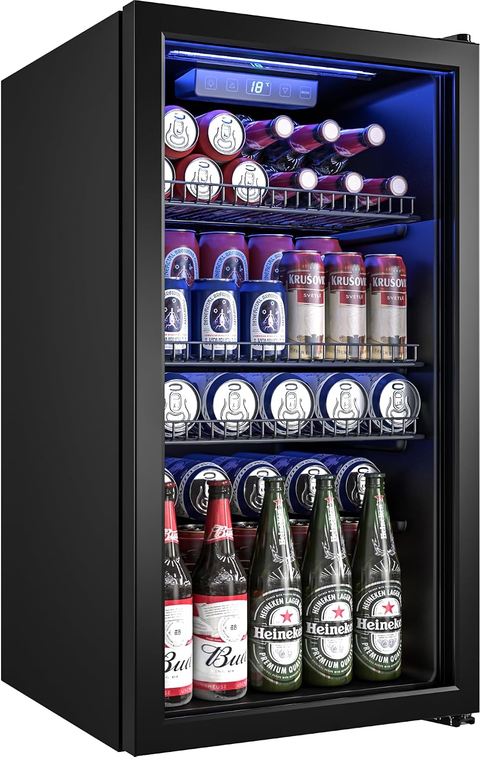 Manastin Beverage Refrigerator Cooler-130 Cans Freestanding Mini Fridge Cooler with Glass Door, Adjustable Shelves & Digital Temperature Display for Soda, Wine or Beer (Black, 3.2 Cu.Ft)