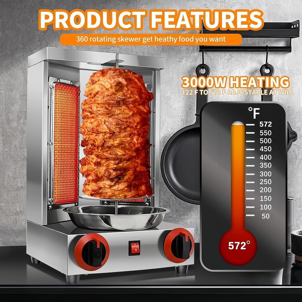 Shawarma Grill Machine LP Gas Gyro Grill Oven Vertical Broiler Rotating Doner Kebab Machine Countertop Rotisserie with 2 Burners for Home Kitchen Adjustable Tempereture Max.300℃,110V
