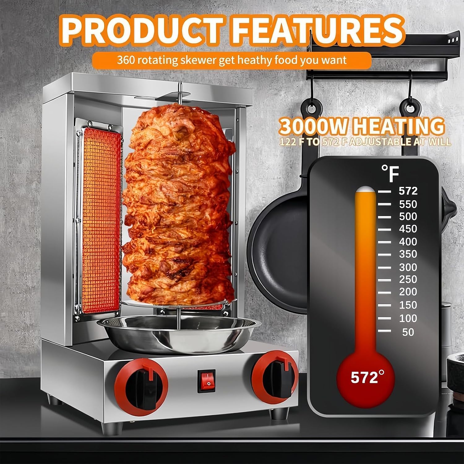 Shawarma Grill Machine LP Gas Gyro Grill Oven Vertical Broiler Rotating Doner Kebab Machine Countertop Rotisserie with 2 Burners for Home Kitchen Adjustable Tempereture Max.300℃,110V