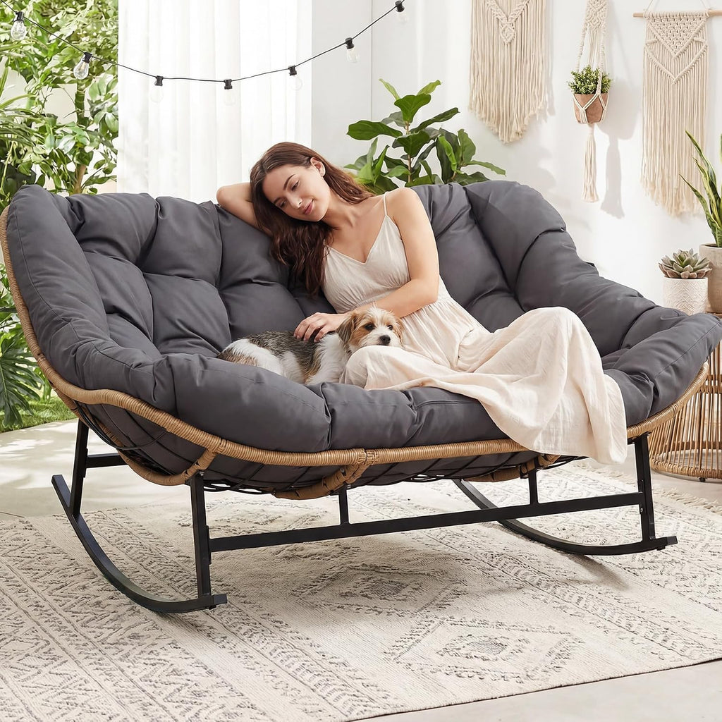 RADIATA Double Rocking Chair Outdoor, Oversized 2 Person Lounge Chair with Thick Cushion, All-Weather PE Rattan Frame, Heavy Duty Large Reclining Loveseat for Patio, Backyard, Bedroom
