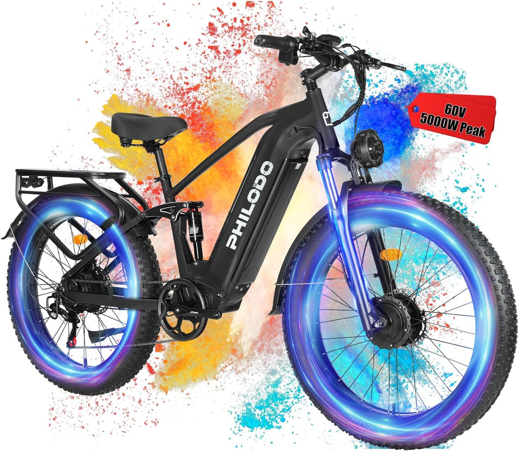 Electric-Bike for Adults, Dual-Motor-Ebike Hunting-Ebike 5000W, 60V 32AH Long Range Dirtbike, Fat-Tire-Electric-Bicycle, Full Suspension for Off-Road Snow Sand