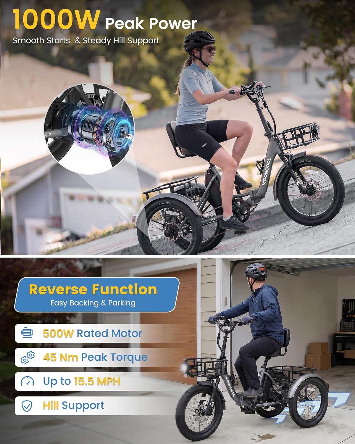 MOONCOOL Electric Trike for Adults, 500W/750W 48V Electric Tricycle for Adults, 20'x3.0' Fat Tire 3 Wheel Electric Bike, Folding Aluminum Adult Tricycle with Removable Battery
