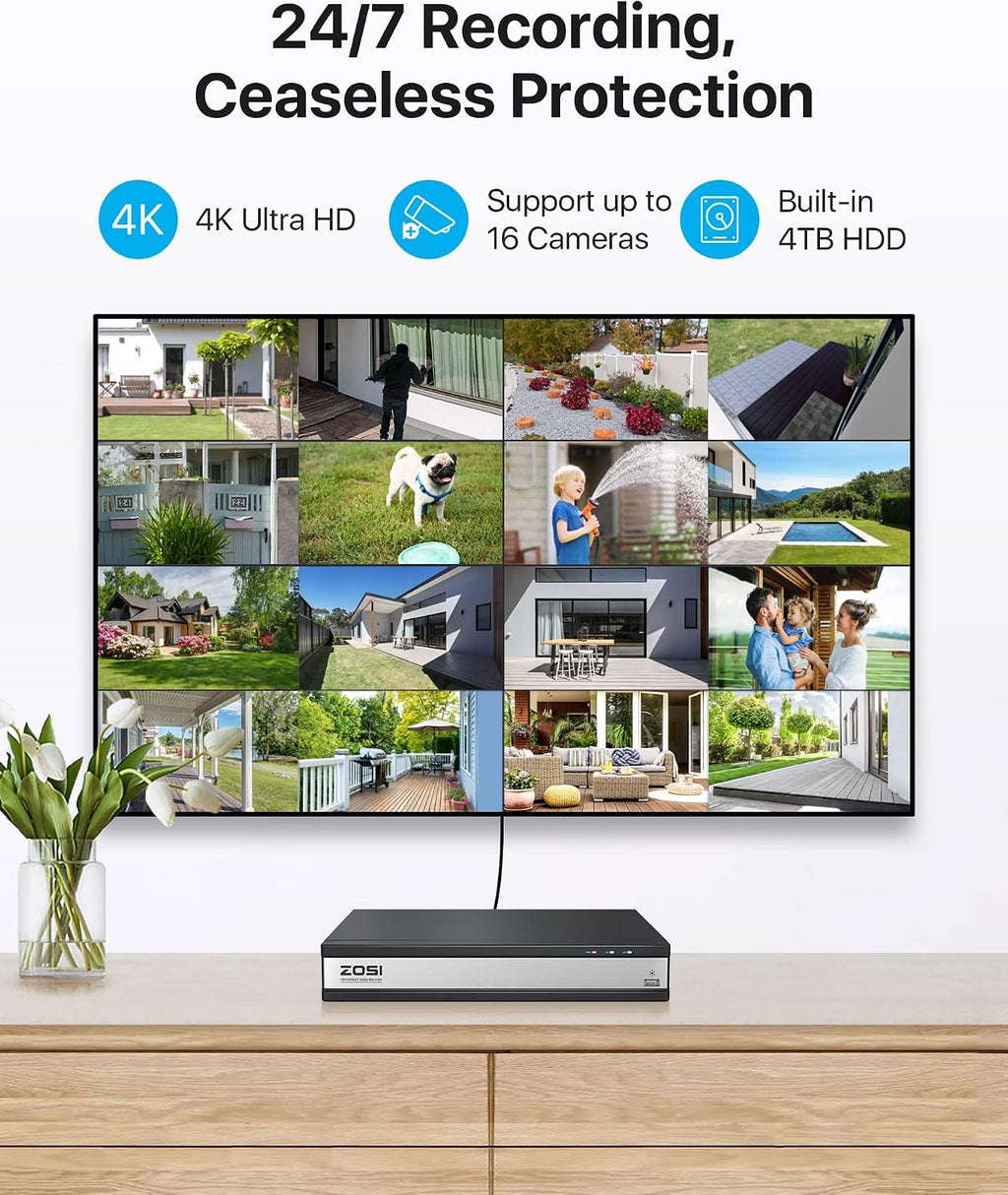ZOSI 4K 16CH PoE NVR with 4TB Hard Drive,8MP Network Video Recorder Home Security Camera Surveillance System,24/7 Recording,Only Compatible with ZOSI 4K/8MP/5MP/4MP PoE Camera(32 Channel 16-Port)