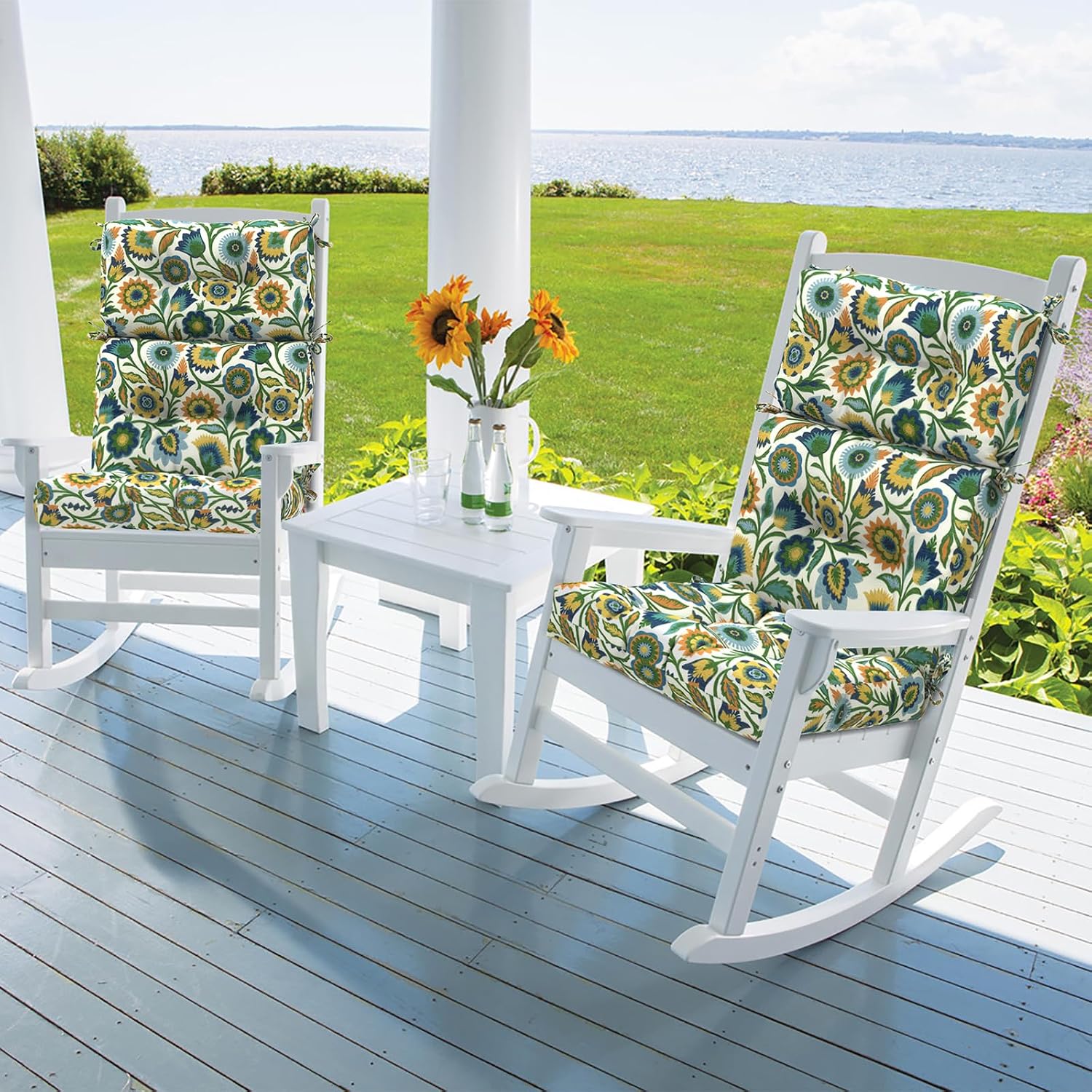 DYTXIII Outdoor High Back Chair Cushions Set of 2, Water Repellent Tufted Rocking Seat Cushions Replacement 44 x 22 Inch, Seat & Back Chair Pads for Patio, Balcony and Indoor Use -Fiesta Floral
