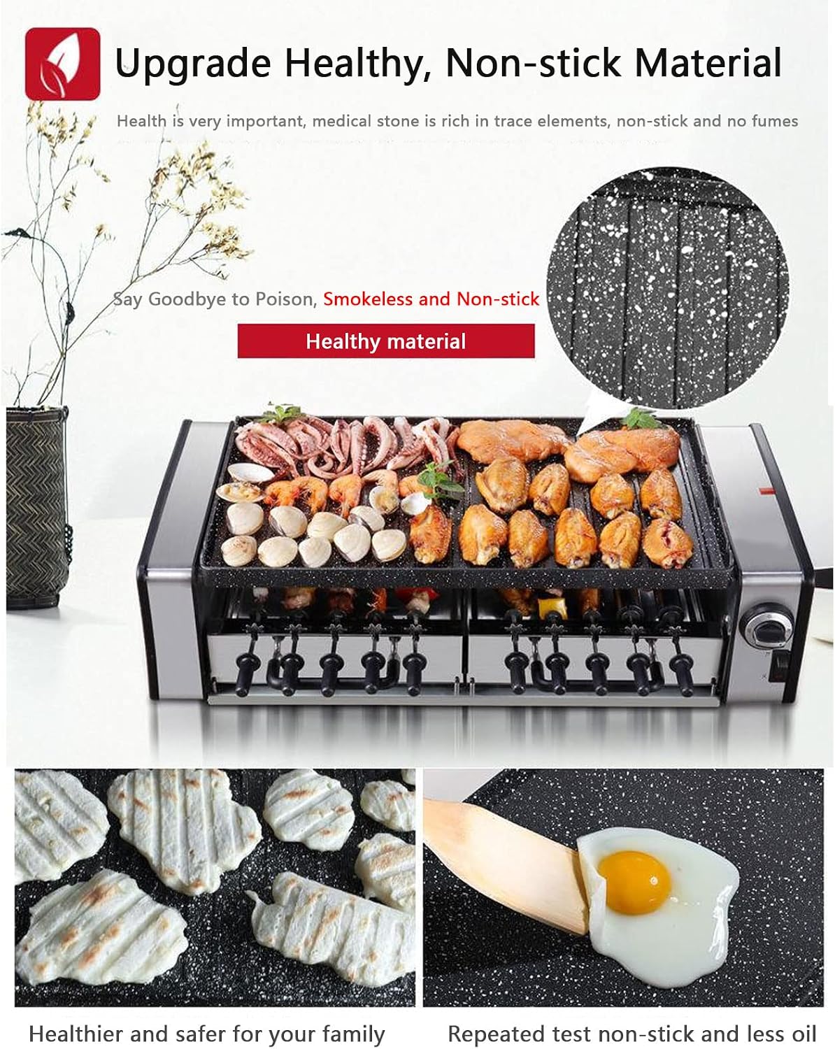 Electric Teppanyaki Table Barbecue Grill, Large Smokeless Grill Non-Stick Hot Plate Table Top Griddle Double Layer with Adjustable Temperature, Drip Tray,Easy Clean,Perfect for Parties Indoor,Style1
