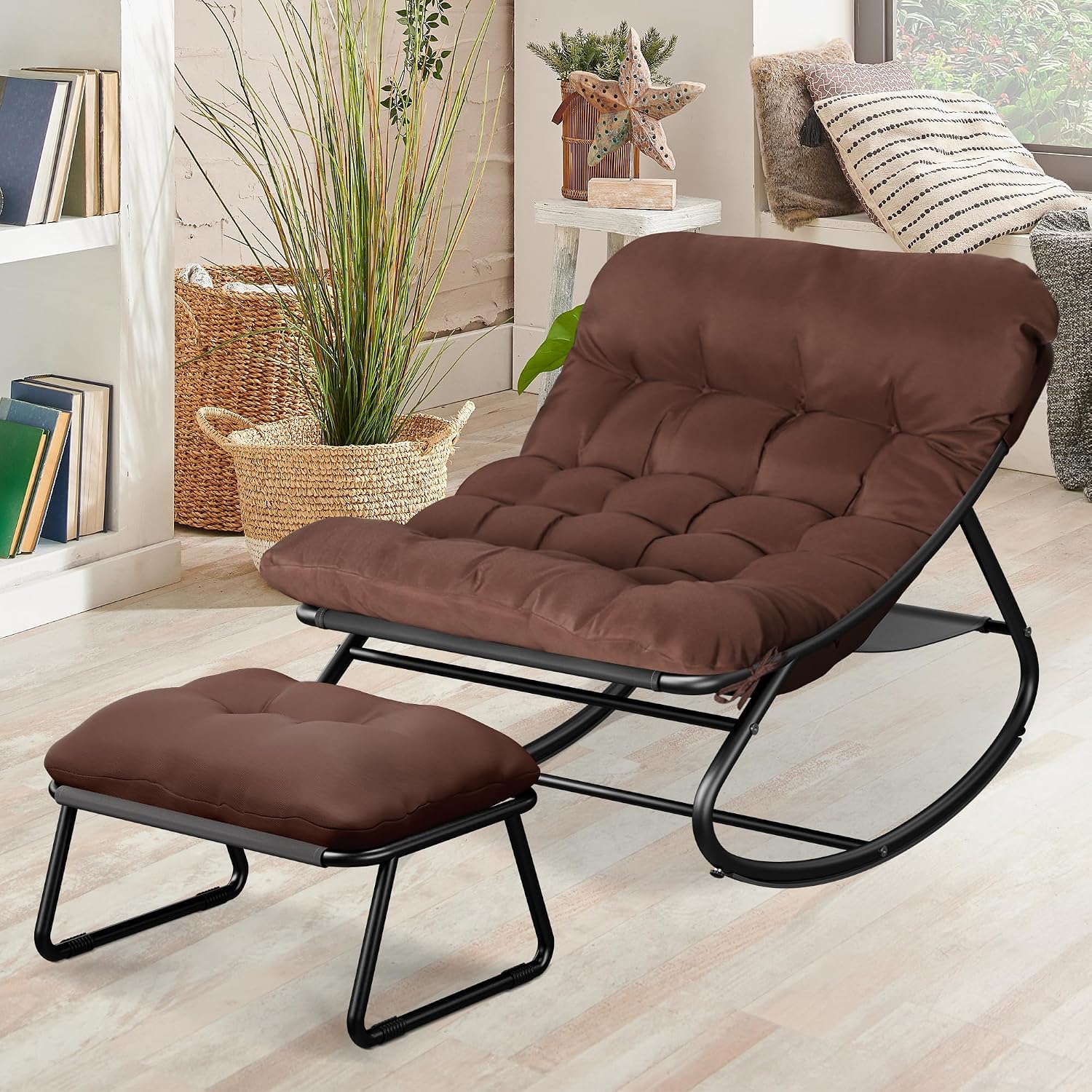Outdoor Rocking Chair with Footstool, Oversized Patio Rocker with Deep Seat Thick Cushion, Rrocking Chairs for Bedroom, Living Room, Porch, Garden, Lawn (Brown)