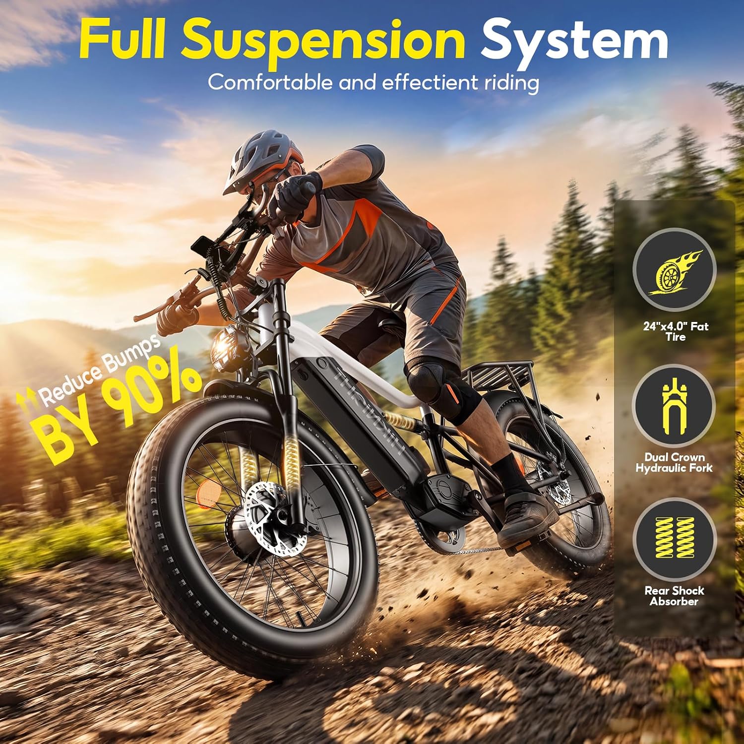 Dual Motor Electric Bike 4000W Peak, 52V 20AH Removable Battery, 24' x 4.0' Fat Tire, 40MPH Full Suspension Dual Hydraulic Brakes Adult E-Bike with Adjustable Stem & Extra Large Thick Seat