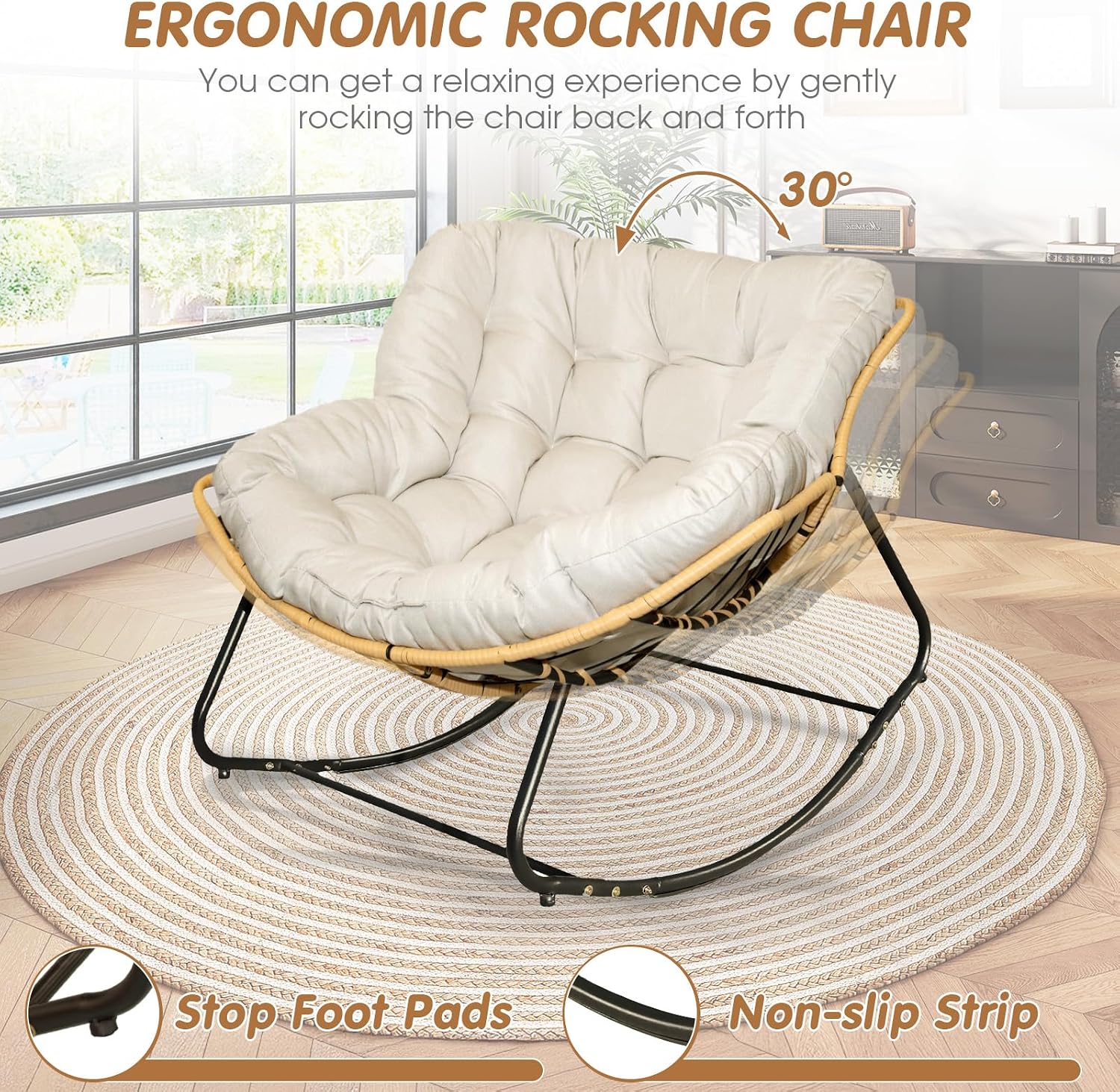 Large Outdoor Indoor Patio Rocking Egg Chair Set of 2, Oversized Papasan Chair Rocker with Cushion and Frame, Comfy Rattan Wicker Lounge Chair Outdoor Furniture for Porch Patio Garden Backyard, Beige