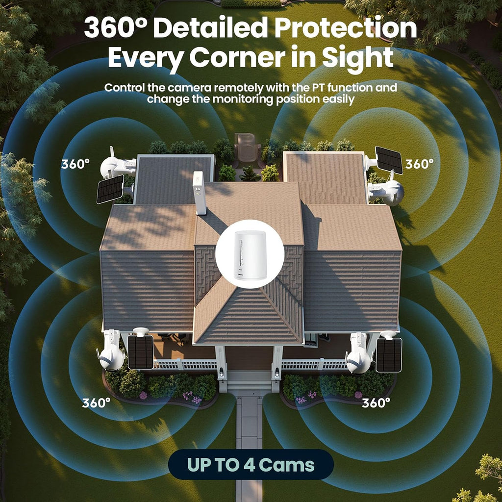 Solar Security Camera Wireless Outdoor, 4 Cam-Kit, Solar-Powered, 2K Home Security System, 360 Pan & Tilt, Color Night Vision, Motion Detection, 64GB Memory Card, No Monthly Fee