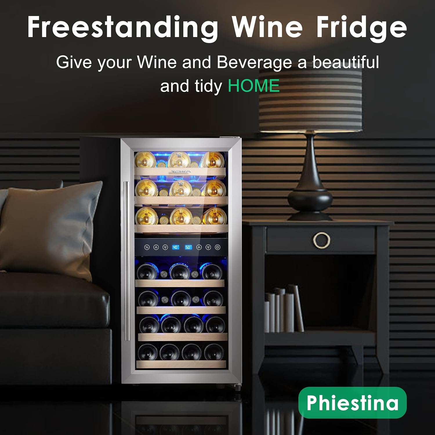 Wine Fridge 15/16 Inch 33 Bottle Dual Zone Wine Cooler, 40-66℉ Freestanding Glass Door Wine Refrigerator with 7 Wooden Shelves, Blue LED Light for Red/White