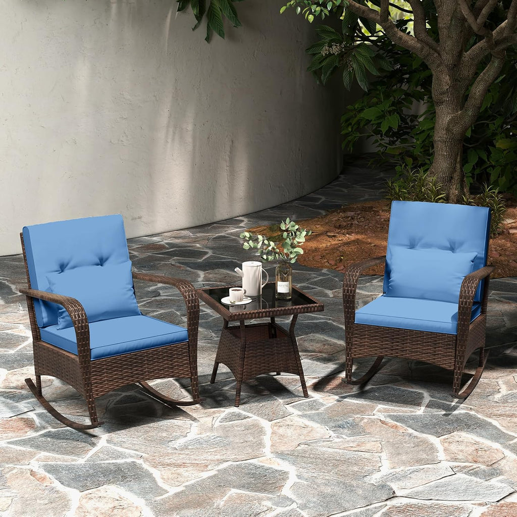 Tangkula 3 Pieces Rocking Bistro Set, Patiojoy Outdoor PE Rattan Rocker Chairs with Removable Cushions & Tempered Glass Top Coffee Table, Outdoor Wicker Furniture Set for Porch, Garden (Navy)