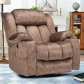 Swivel Rocker Recliner Chair with Heat and Massage, Manual Glider Rocking Reclining Chair, 360° Swivel Overstuffed Lounge Chair with 2 Cup Holders, Side Pockets & USB Ports, Fabric Brown