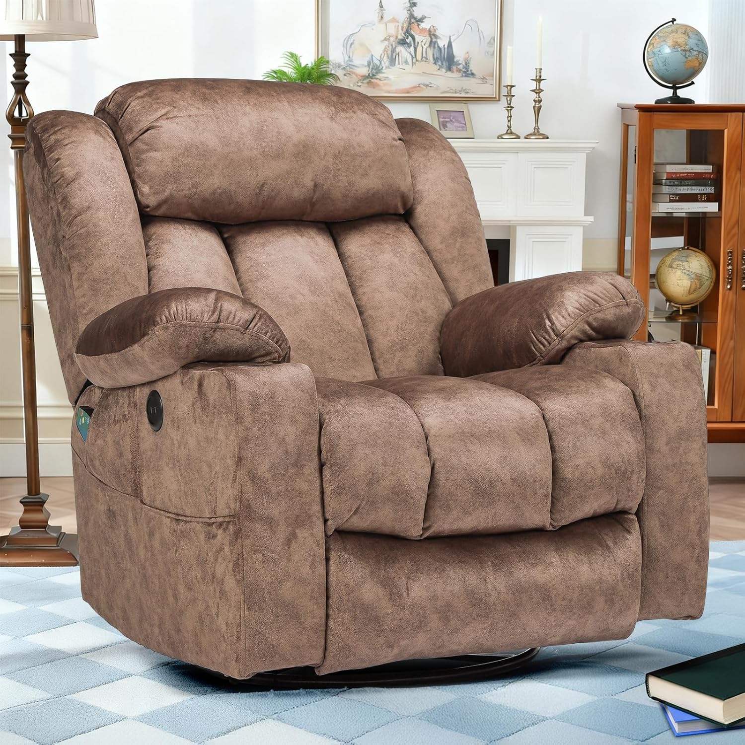 Swivel Rocker Recliner Chair with Heat and Massage, Manual Glider Rocking Reclining Chair, 360° Swivel Overstuffed Lounge Chair with 2 Cup Holders, Side Pockets & USB Ports, Fabric Brown