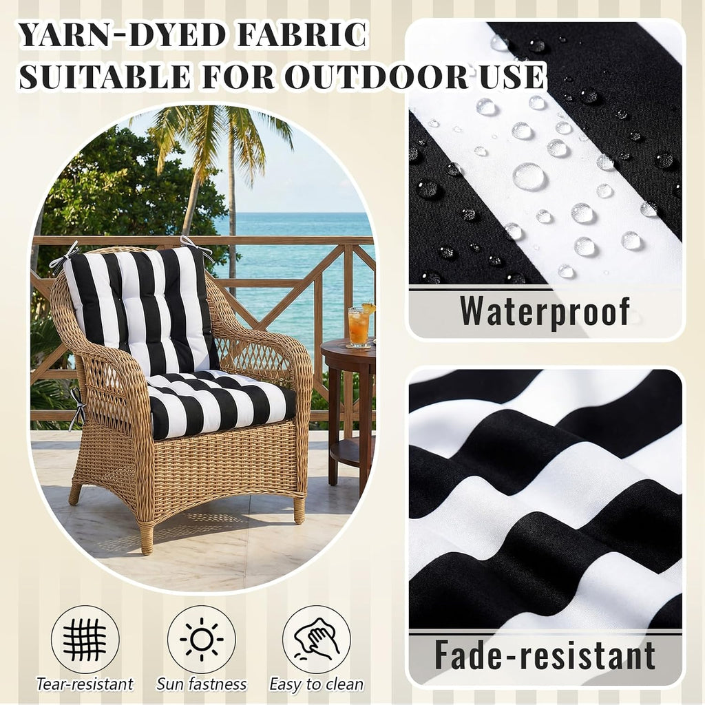 Marsui 4 Pcs Outdoor Indoor High Back Chair Cushions Patio Furniture Tufted Pillow with Ties Water-Resistant Replacement Outdoor Rocking Chair Cushions, 42 x 21 Inches (Black White,Stripe)