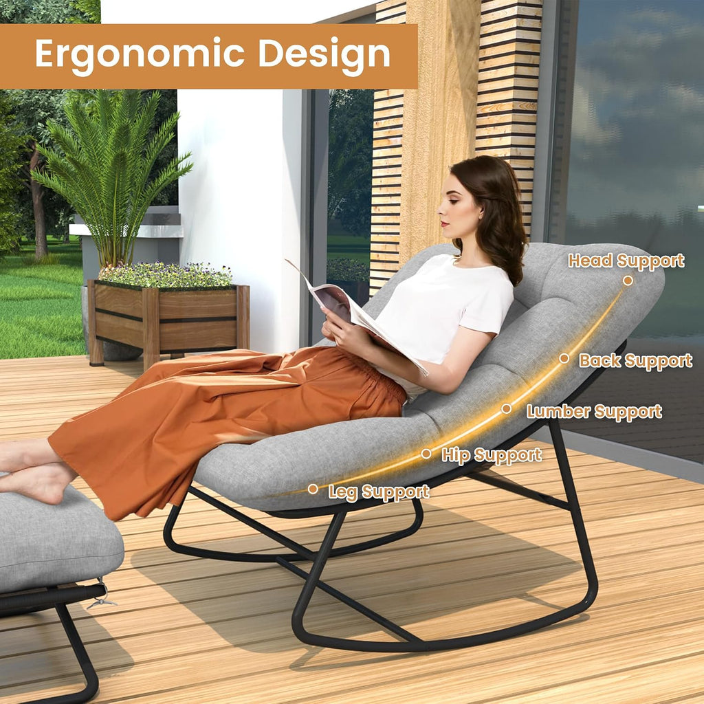 EazeHome Outdoor Rocking Chair with Footrest, Oversized Papasan Rocking Chair with Metal Frame&Cushion, Patio Egg Rocker Lounge Chair for Porch, Balcony, Bedroom, Living Room, Gray