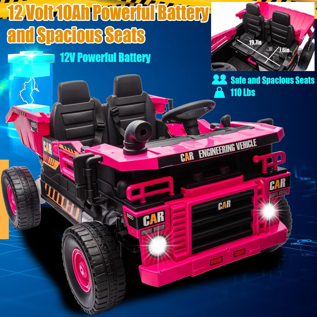 12V 10AH 2-Seater Kids Ride on Truck Electric Toy Car with Electric Dump Bed, Parents Remote Control Kids Car Tractor Toys Ride-on Dump Truck for Boys and Girls Ages 3+, Pink