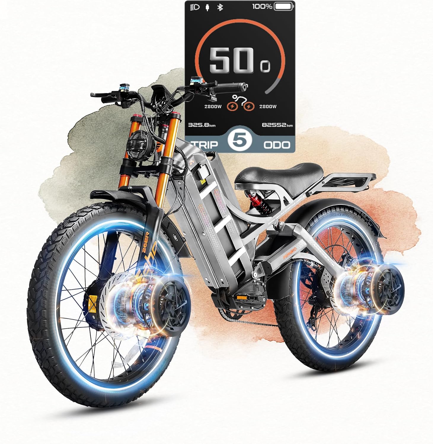 eAhora 2026 Romeo Pro 3 50MPH Electric Bike for Adults 5600W Dual Motor E Bike 60V/80Ah 250 Miles Long Range Electric Bicycle,26 * 4.0 Fat Tire Full Suspension Electric Mountain Bike Delivery Commute