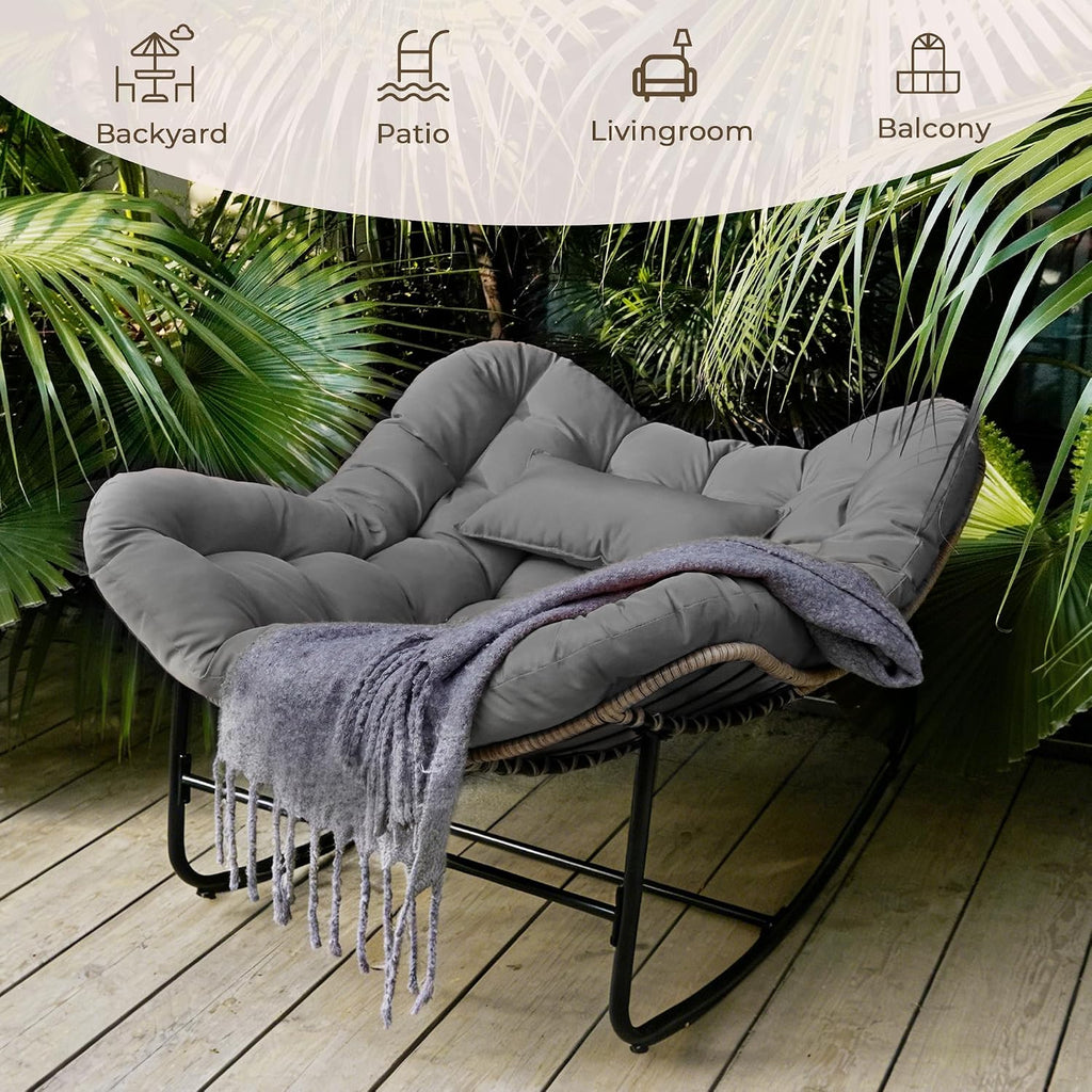 Papasan Rocking Chair for Outdoor & Indoor, Oversized Patio Rocking Chair with Cushions & Steel Frame, Wicker Egg Lounge Chair, Comfy Reading Chair for Patio, Deck, Porch (Grey, Style 2)