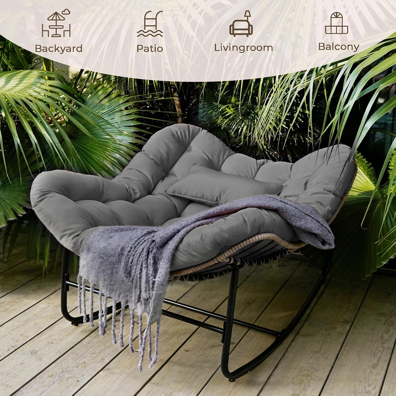 Papasan Rocking Chair for Outdoor & Indoor, Oversized Patio Rocking Chair with Cushions & Steel Frame, Wicker Egg Lounge Chair, Comfy Reading Chair for Patio, Deck, Porch (Grey, Style 2)