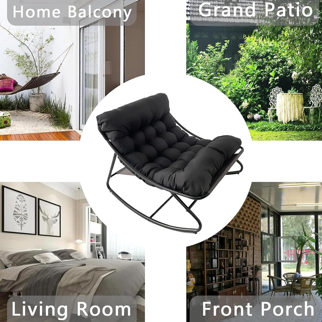 Oversized Patio Rocking Chair with Ottoman, Comfy Lounge Rocker Chair, Outdoor and Indoor Rocking Chairs with Deep Cushion, Metal Egg Chair for Living Room Porch Garden Balcony(Black1)