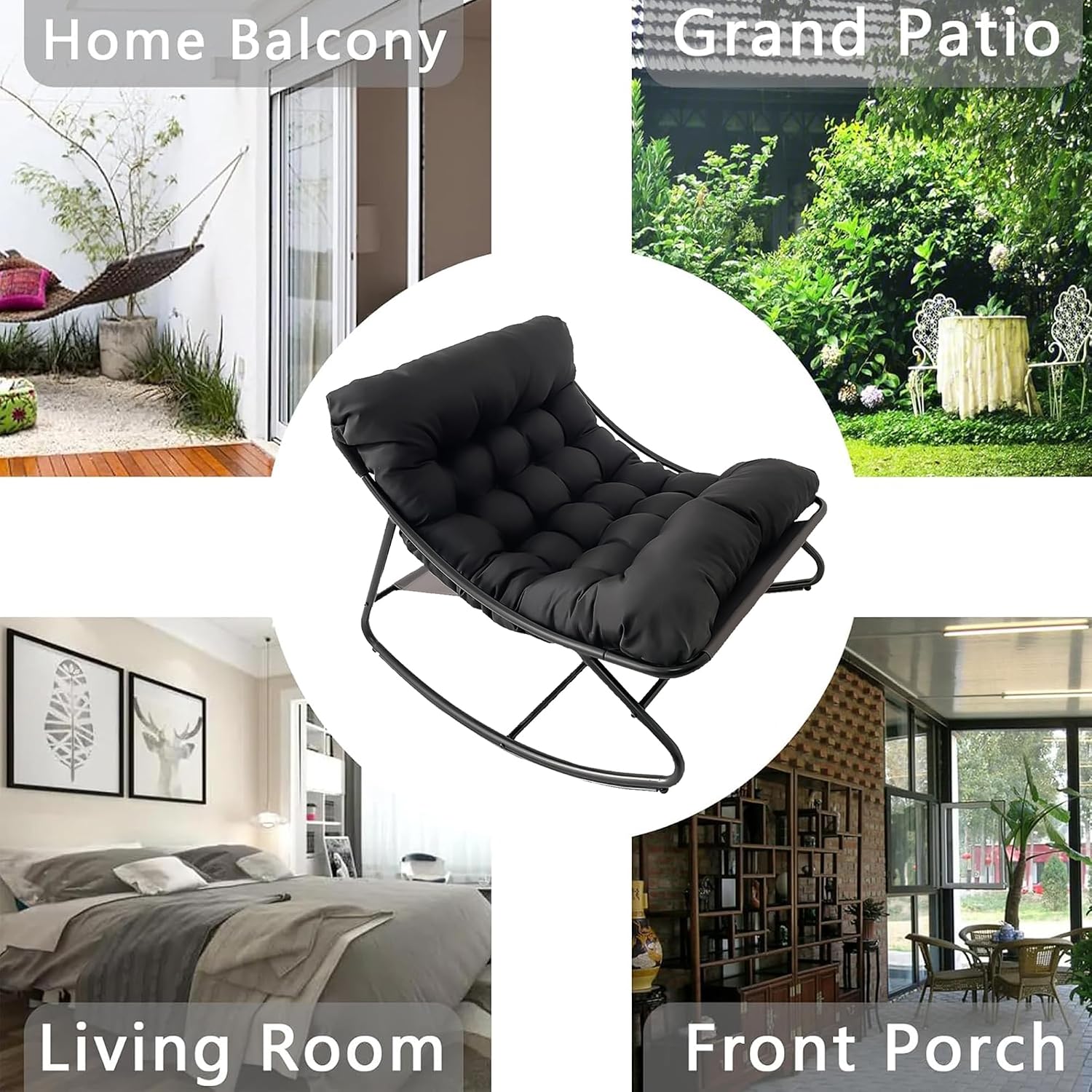Oversized Patio Rocking Chair with Ottoman, Comfy Lounge Rocker Chair, Outdoor and Indoor Rocking Chairs with Deep Cushion, Metal Egg Chair for Living Room Porch Garden Balcony(Black1)