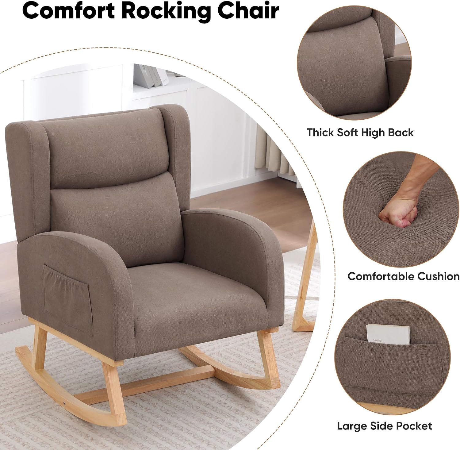 HCHAIRH Nursery Rocking Chair,Linen Upholstered Nursery Rocking Chairs,Wingback Rocker for Nursery for Living Room Bedroom(Linen Brown)