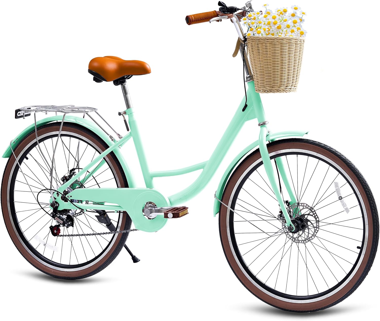 DEYGIA Beach Cruiser Bike for Women, 24 26 inch 7 Speed Commute Bike for Adults, Womens Bicycle with Ratten Basket and Adjustable Seat, Lightweight Step Through Bike for Adults Women Ladies