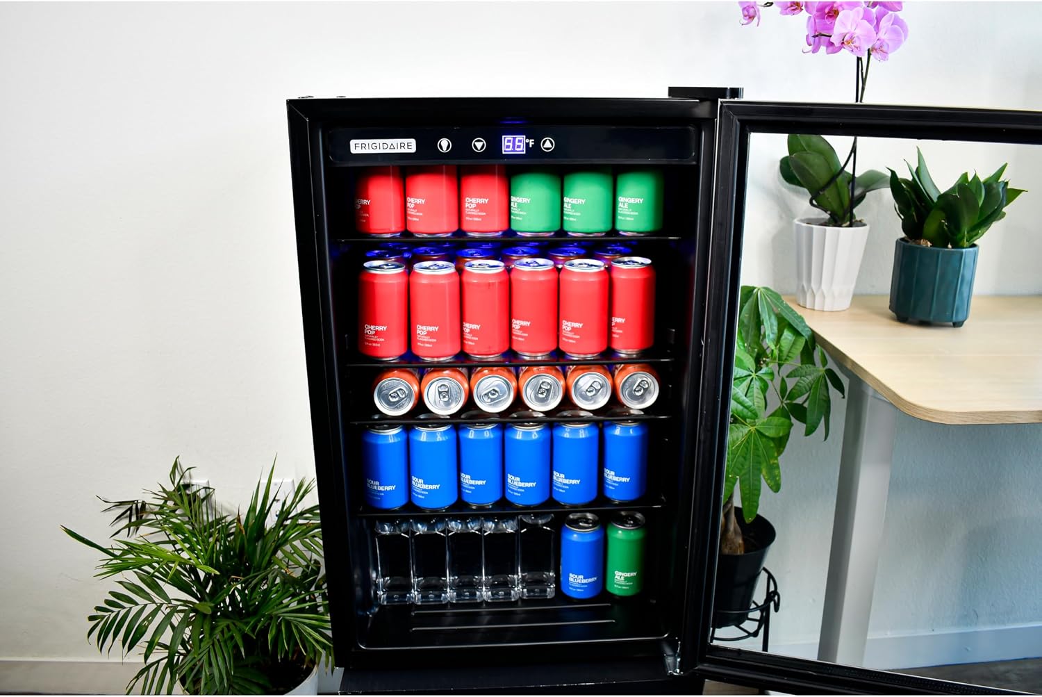 Frigidaire Beverage Refrigerator, Fridge with Glass Door, Compact Mini Fridge with Digital Temperature Control, Fits 115 Cans or 34 Bottles, 96L Capacity - 19.1' D x 17.5' W x 31.2' H