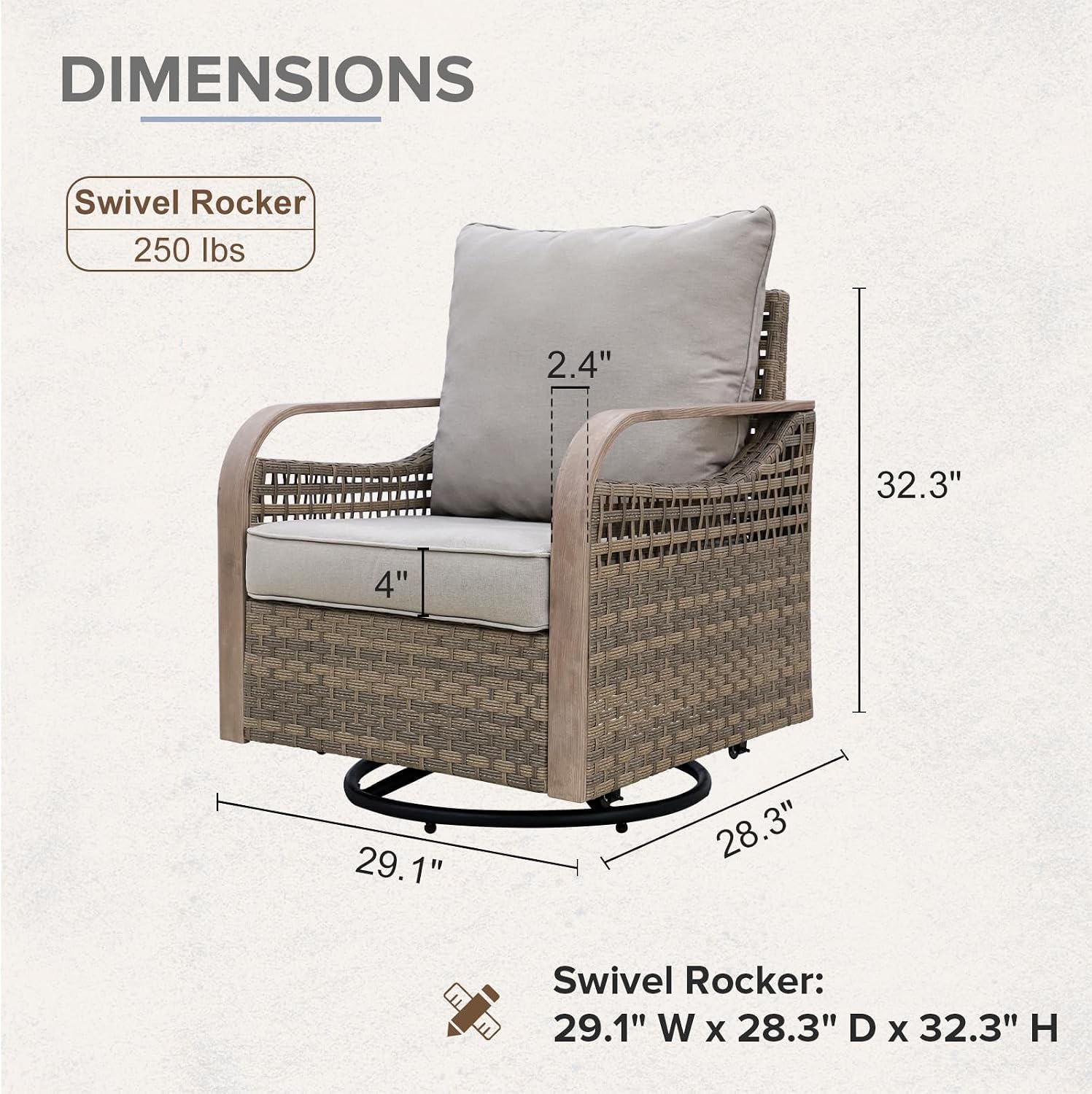 COOS BAY Modern Outdoor Swivel Rocker Chair, Wicker Glider Rocking Chair with Cushions, 360° Swivel Rattan Patio Seating, 1 Piece, Brown/Gray