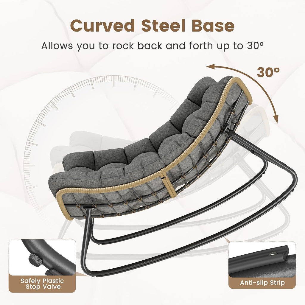 UDPATIO Outdoor Papasan Rocking Chair, Wicker Papasan Lounge Chair with 5.1' Thickened Water-Resistant Cushion & Anti-Slip Bar, for Porch, Balcony, Patio or Indoor, Dark Grey