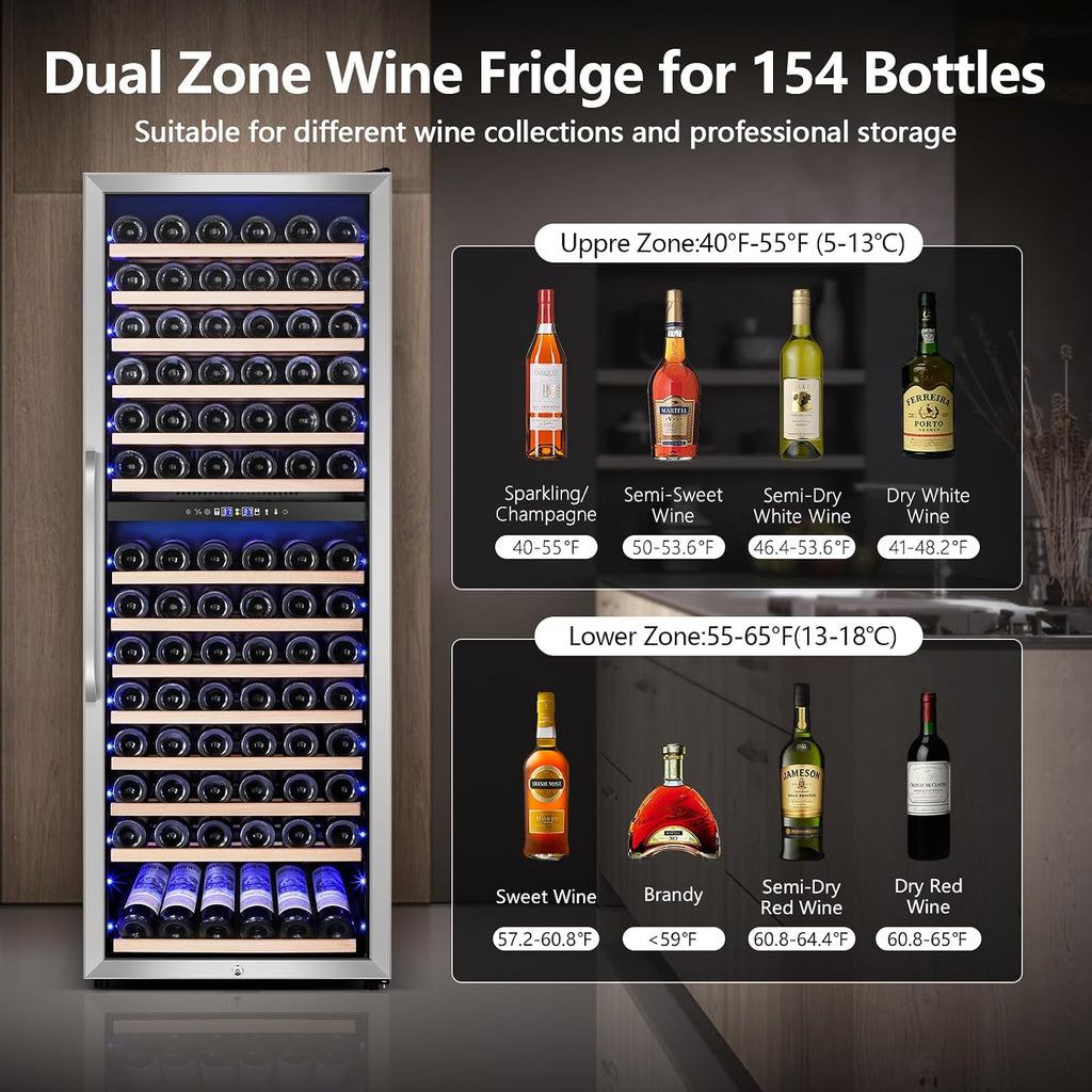 Velivi 24' Wide Dual-Zone Wine Fridge 154-Bottles, Tall Freestanding/Built-in Wine Cooler Refeigerator, Large Capacity Dual Zone Wine Cellar For Wine Collection, Low Noise and Fast Cooling