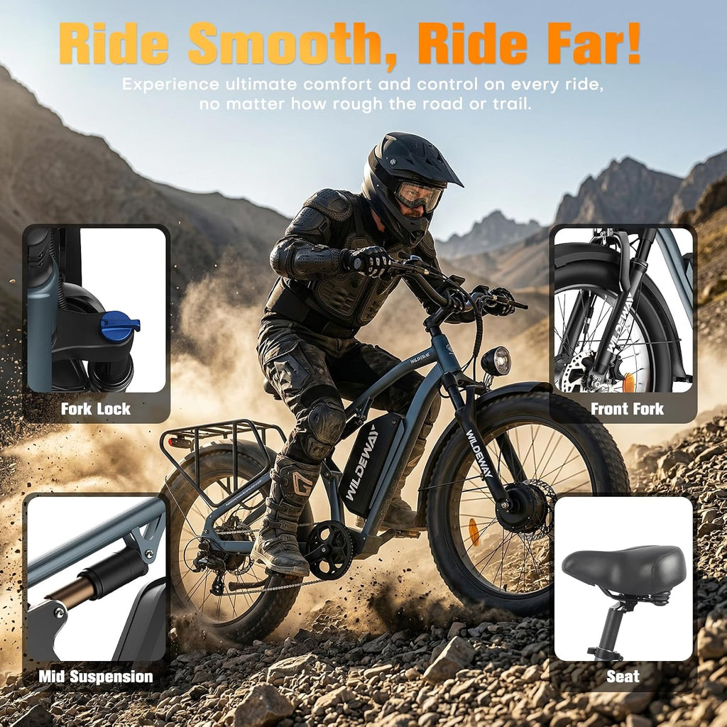 3000W Dual Motor Electric Bike for Adults, 26' Fat Tire Ebike, 32MPH, 52V 25Ah Battery, 80 Miles Range, Full Suspension All Terrain Off Road Electric Bicycle, Hydraulic Brakes, Snow Sand Mountain