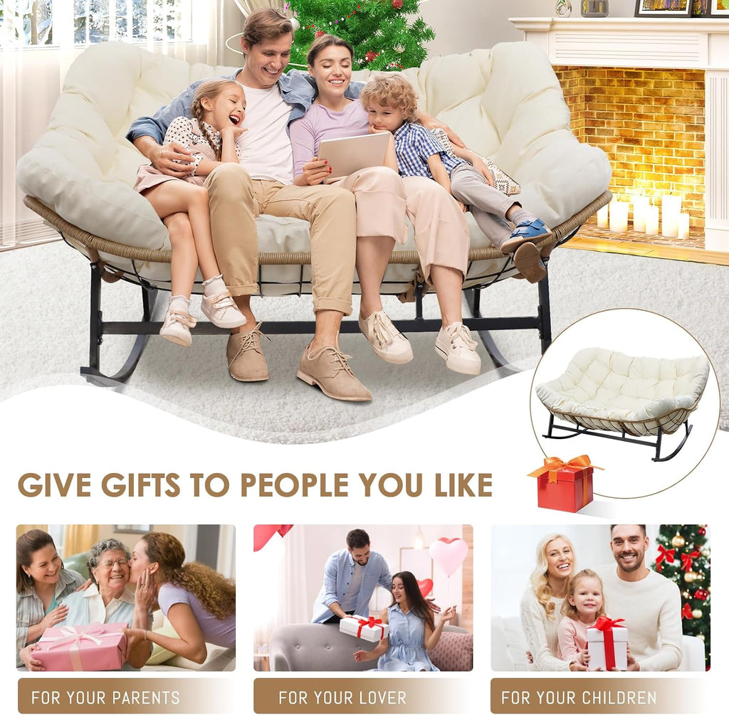 RADIATA Oversized Patio Rocking Chair for 2, Outdoor Double Papasan Chair with Cushion and Frame for Relaxing/Reading, Heavy-Duty Comfy Wicker Loveseat Recliner for Garden, Deck, Livingroom