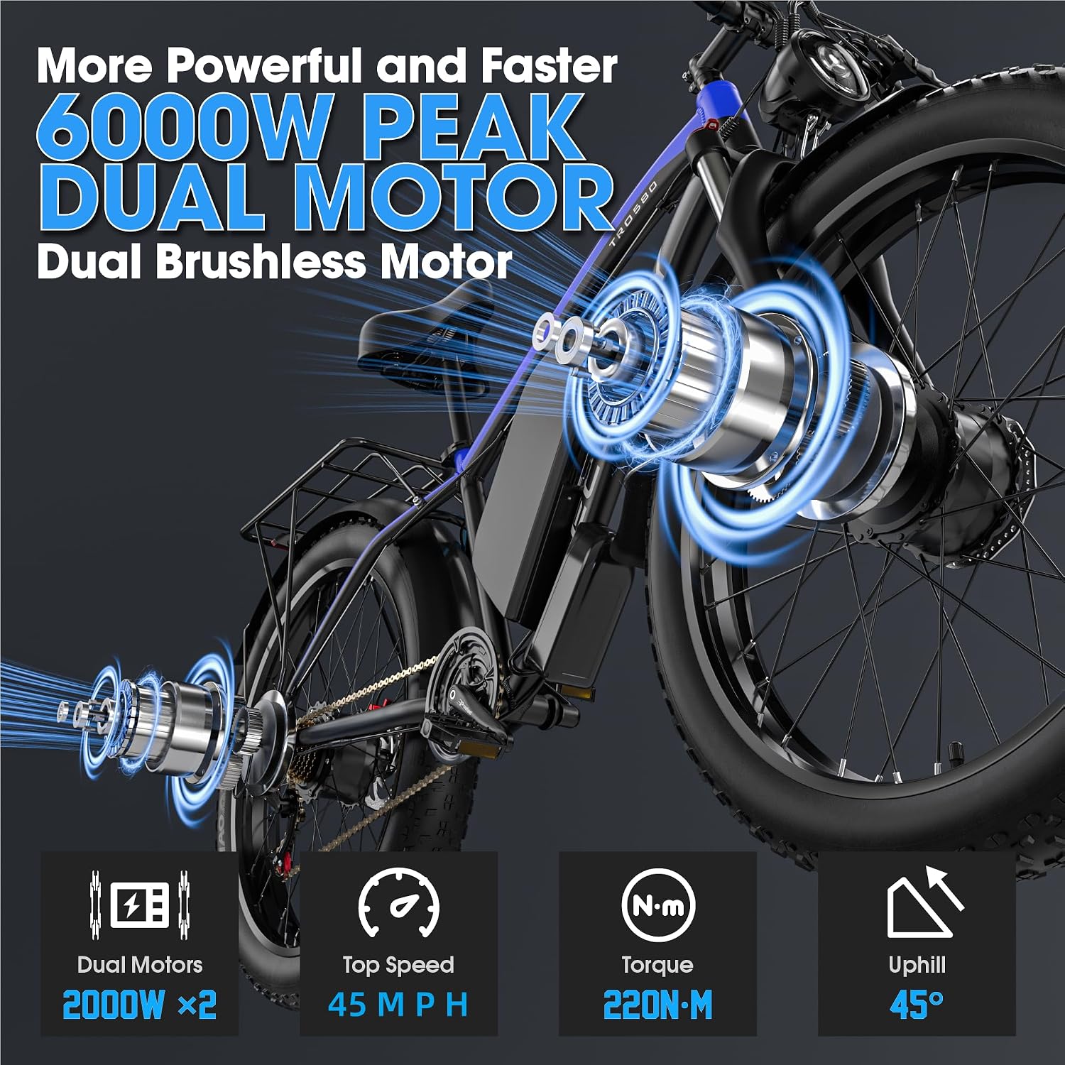 Electric Bike for Adults,Peak 6000W Dual Motor Ebike, 52V 32AH 30-100 Miles Up to 45 M P H 26' Fat Tire 7 Speed Electric Mountain Bike All Terrain Front Suspension Electric Bicycles