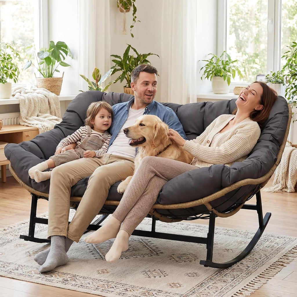 NICESOUL Double Papasan Rocking Chair Outdoor Indoor, XL Large Patio Padded Glider Lounge Chairs for 2, Comfortable Egg Rocker Loveseat with Cushion, Wide Big Recliner for Outside Balcony, Grey