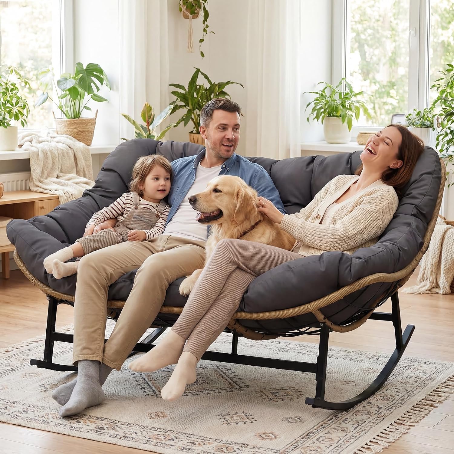 NICESOUL Double Papasan Rocking Chair Outdoor Indoor, XL Large Patio Padded Glider Lounge Chairs for 2, Comfortable Egg Rocker Loveseat with Cushion, Wide Big Recliner for Outside Balcony, Grey
