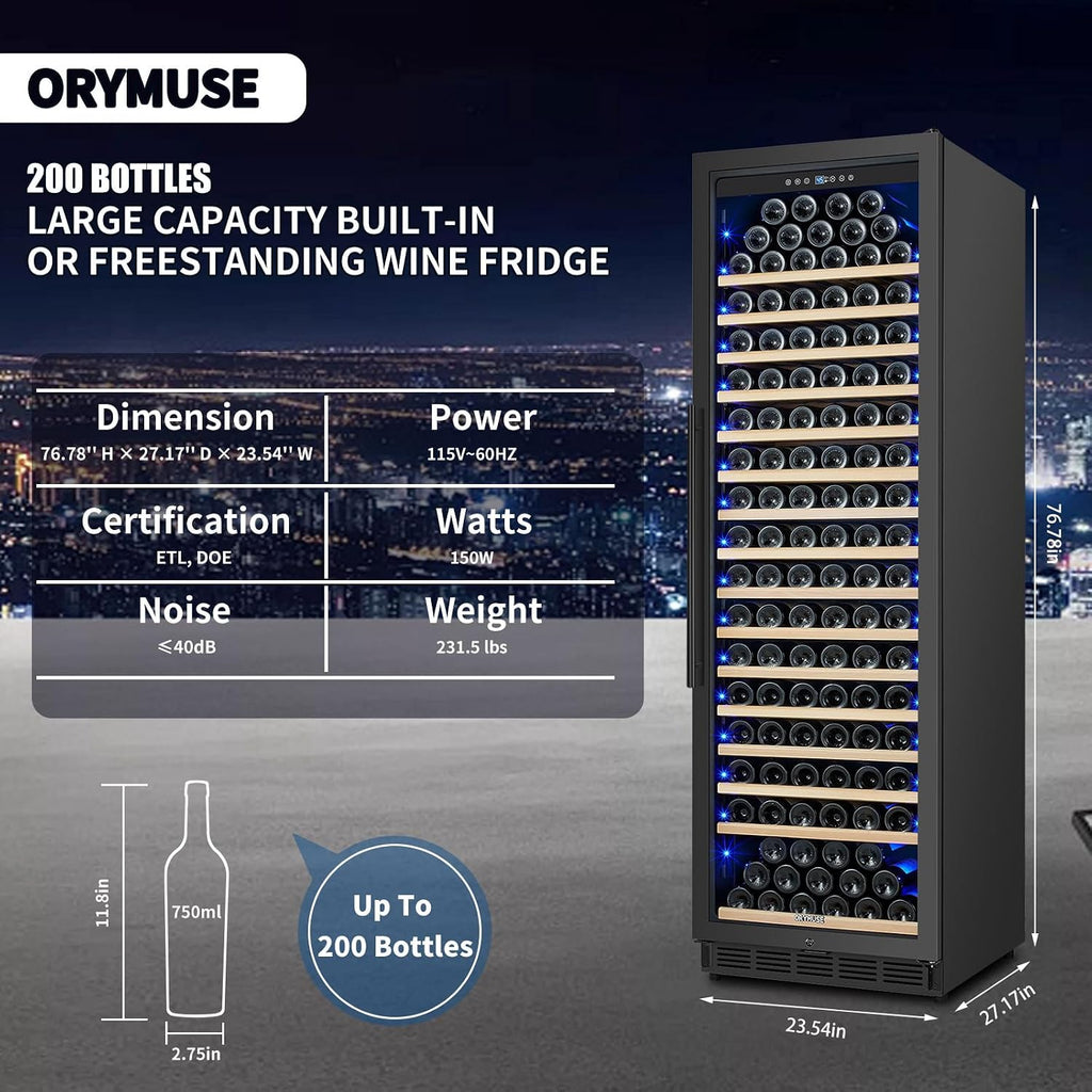 ORYMUSE 200 Bottle Upgrade Wine Cooler Refrigerator - 24 Inch Large Capacity Wine Fridge Built-In Freestanding, with Quiet Compressor, Professional Temperature Control & Wine Cellar - Black