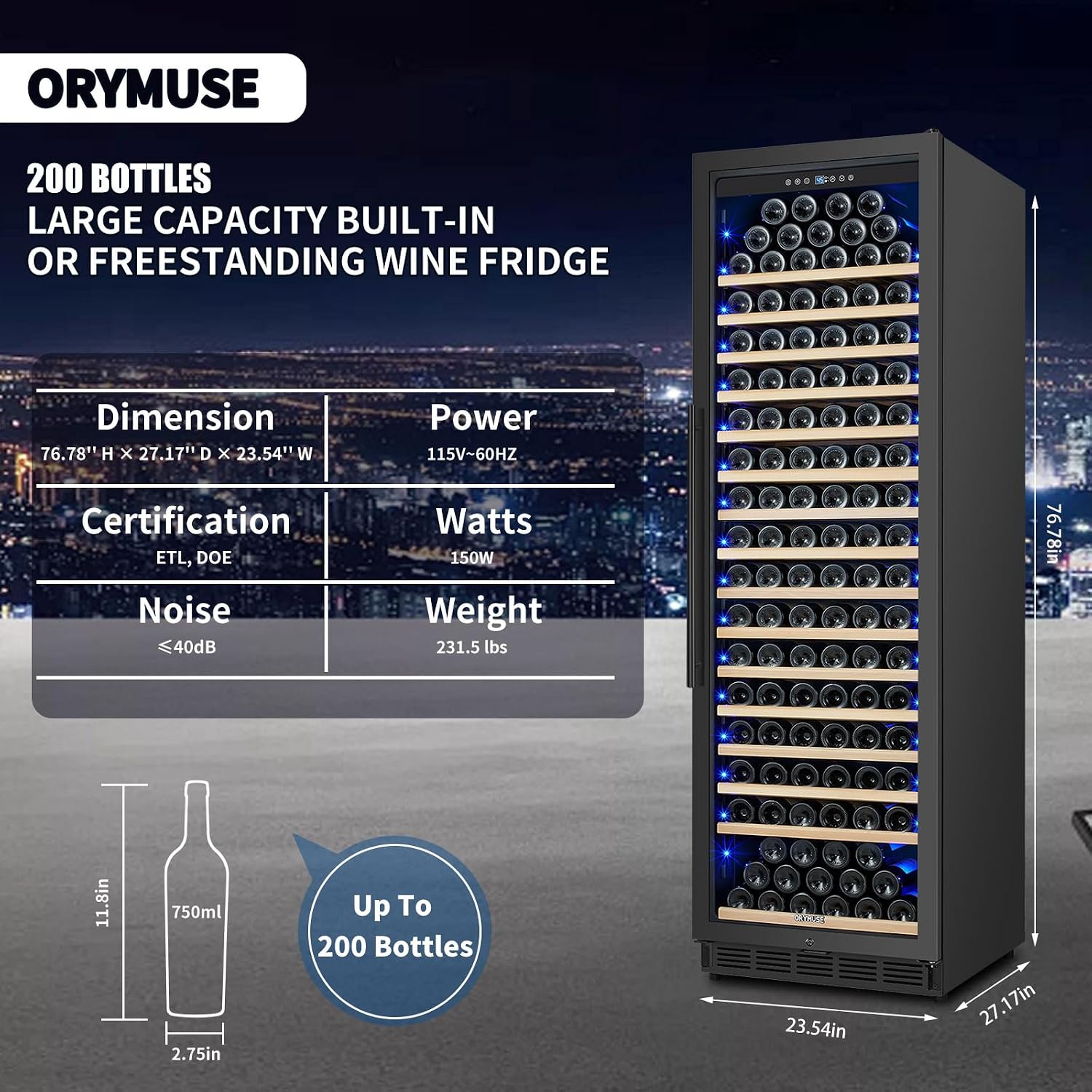 ORYMUSE 200 Bottle Upgrade Wine Cooler Refrigerator - 24 Inch Large Capacity Wine Fridge Built-In Freestanding, with Quiet Compressor, Professional Temperature Control & Wine Cellar - Black