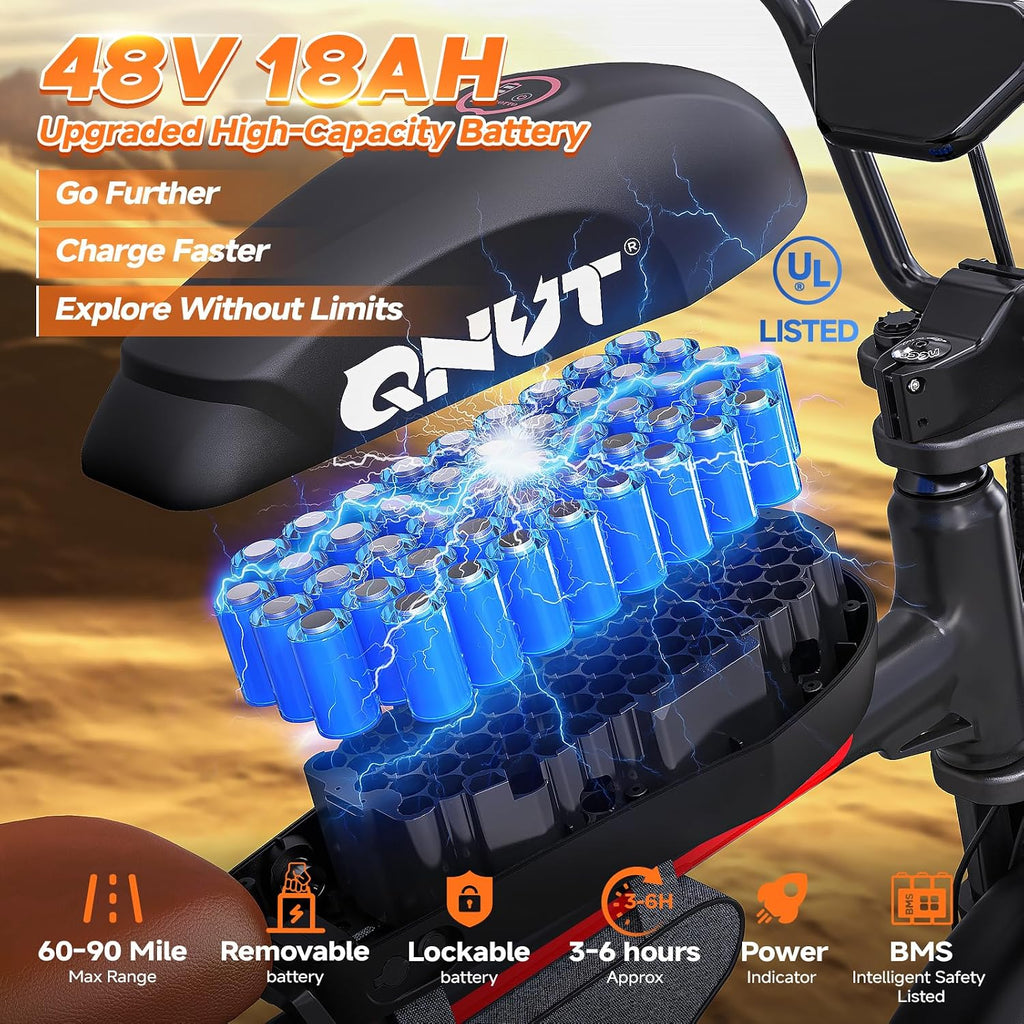 QNUT Electric Bike for Adults - 1500W Peak Motor 28MPH Speed, 48V 18Ah Battery, 60-90 Miles Range, 7-Speed Transmission, 20'x4.0' Retro Motorcycle Design for City & Trail Riding