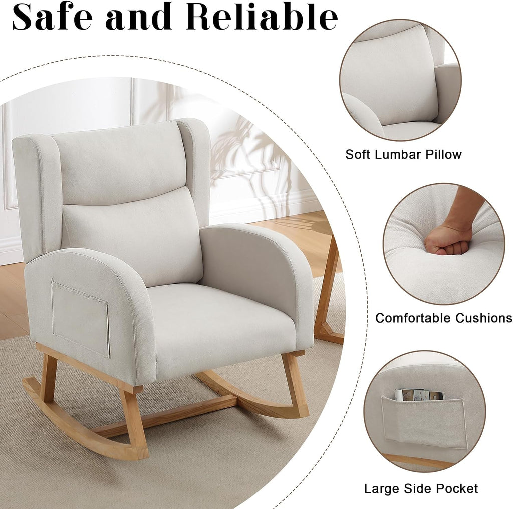 Nursery Rocking Chair,Linen Upholstered Rocker Chair,Wingback Nursing Rocking Chair with High Back for Nursing Adults Living Room, Bedroom(Linen Beige)